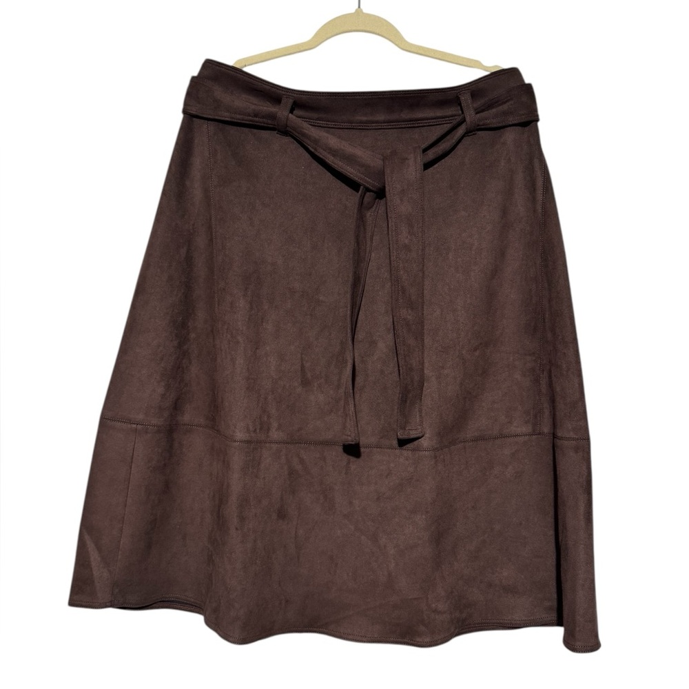 Ann Taylor Brown Faux Suede Midi Skirt Size 14 Petite A-line Modest Fall Classic